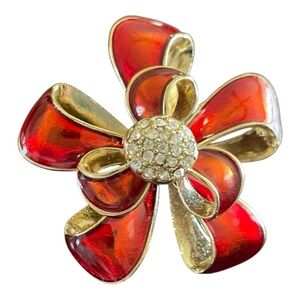 Roman Signed Vintage Guilloche Enamel Crystal Bow Brooch, Trombone Clasp.